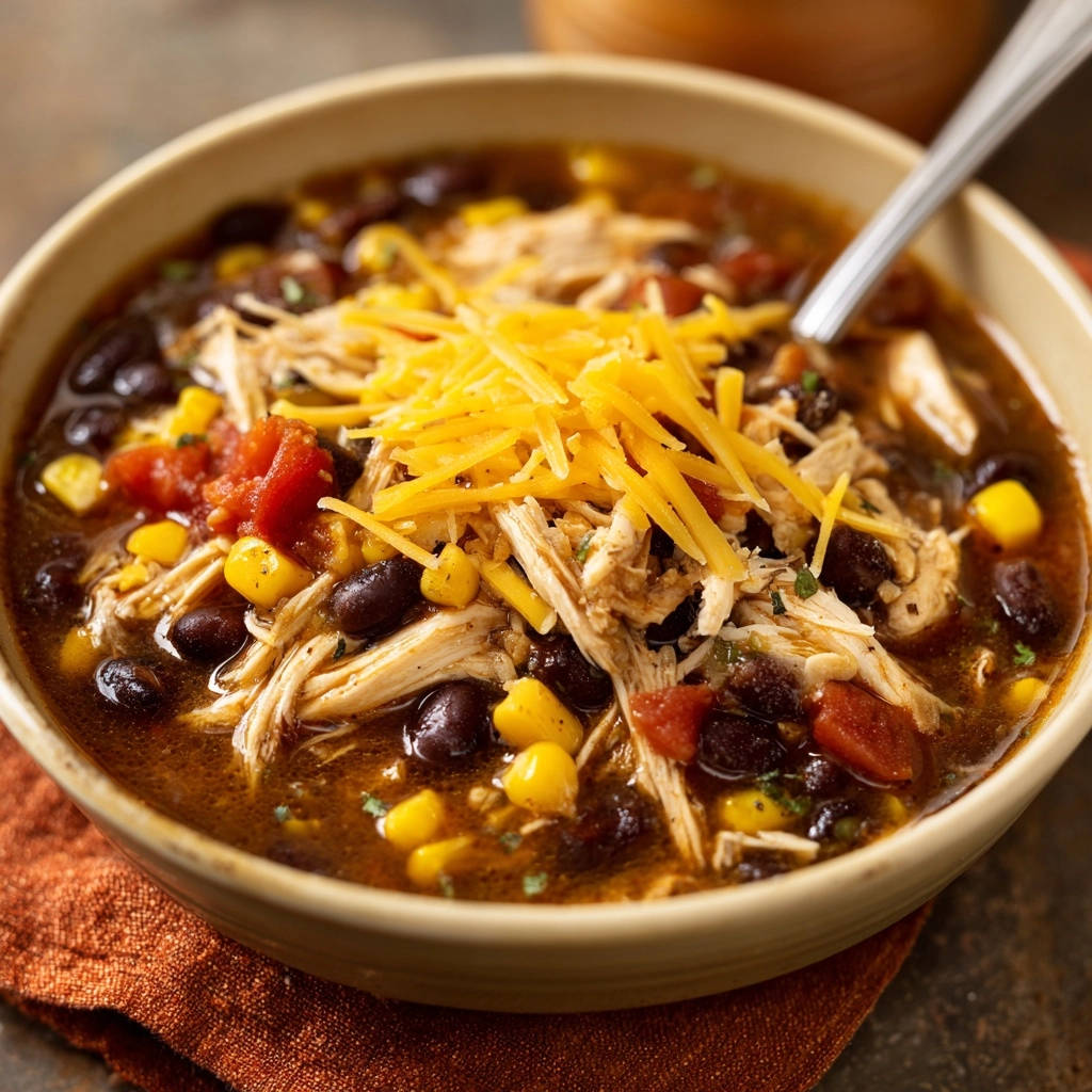 Herzhafte Tex Mex Huhn Bohnen Suppe Serviert 1 Herzhafte Tex-Mex Hähnchen-Bohnen-Suppe serviert in einer rustikalen Schüssel, garniert mit geriebenem Käse und frischen Zutaten.