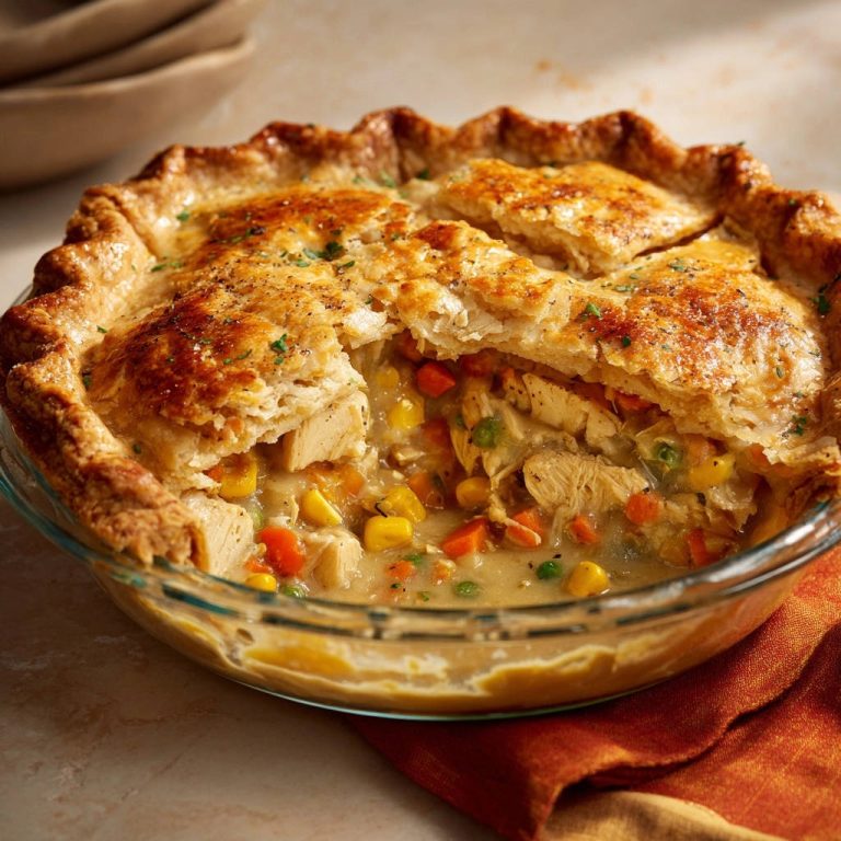 Herzhafter Hähnchen-Gemüse-Pie im Querschnitt, der die saftige Füllung mit Gemüse und Hähnchen zeigt, gebacken in einem Glasbehälter.