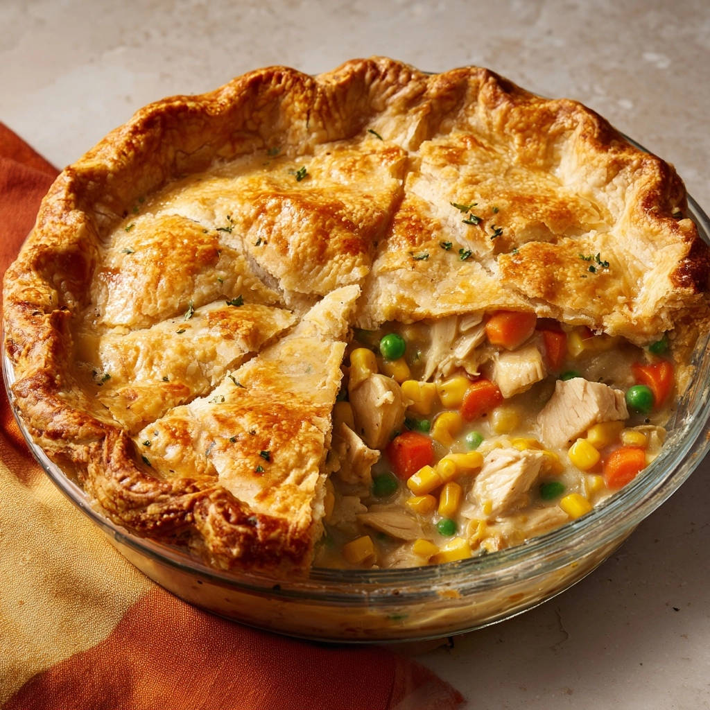 Herzhafter Huhn Gemuese Pie Querschnitt 1 Herzhafter Hähnchen-Gemüse-Pie im Querschnitt, der die saftige Füllung mit Hähnchen und Gemüse zeigt.