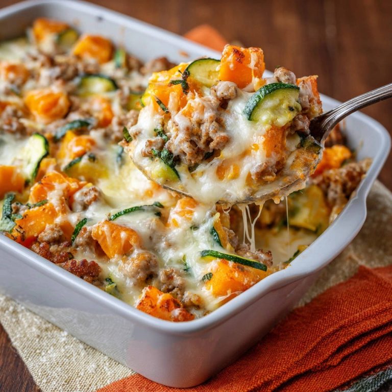 Herzhafter Süßkartoffel-Zucchini-Hackfleisch-Auflauf, serviert auf einem Löffel, mit geschmolzenem Käse, Zucchini und Hackfleisch.