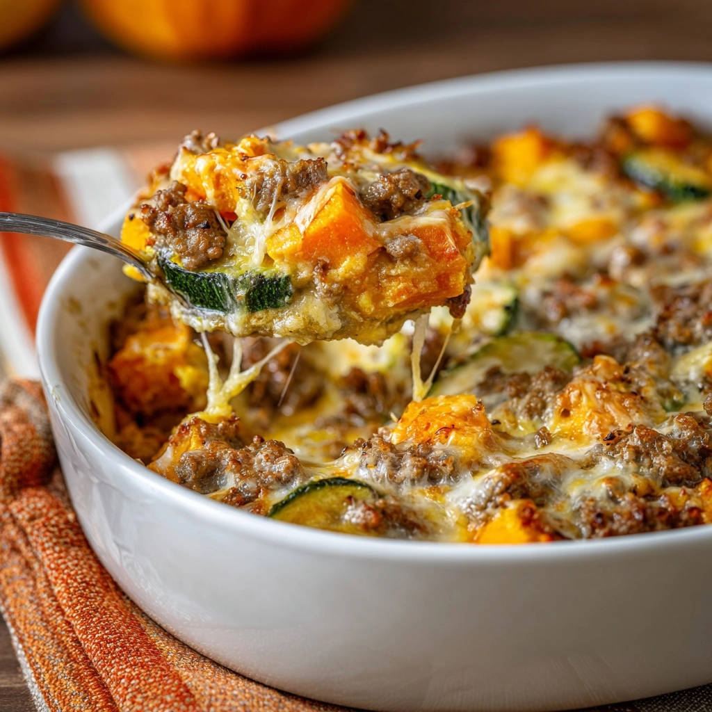 Herzhafter Suesskartoffel Zucchini Hackfleisch Auflauf Porti 1 Herzhafter Süßkartoffel-Zucchini-Hackfleisch-Auflauf, serviert auf einem Löffel, zeigt geschmolzenen Käse und die Zutaten. Der Auflauf ist frisch aus dem Ofen.