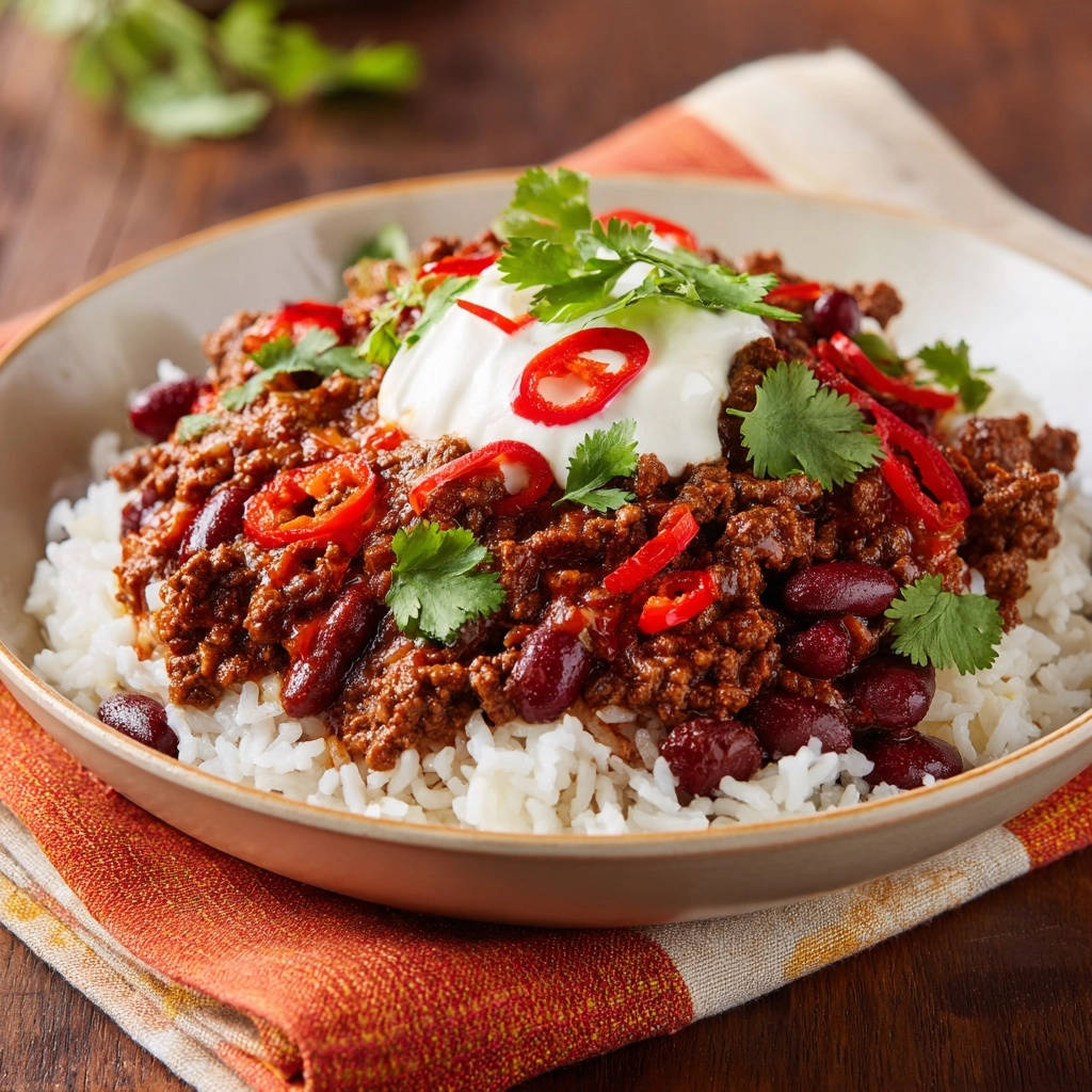 Herzhaftes Chili Con Carne Serviert 1 Herzhaftes Chili con Carne serviert mit Reis, frischen Chilis, Koriander und einem Klecks cremiger Crème fraîche. Ein köstliches und sättigendes Gericht.