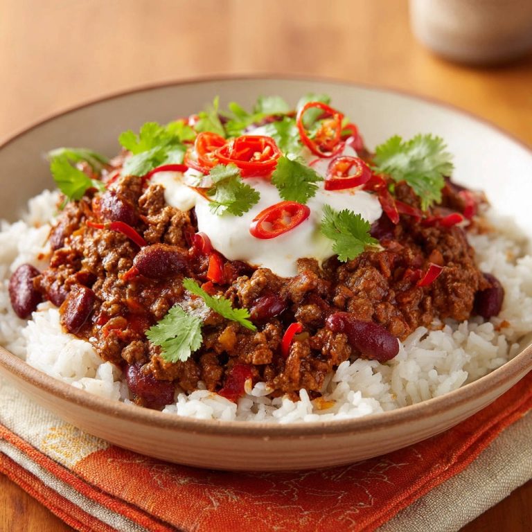 Herzhaftes Chili con Carne serviert in einer Schüssel, garniert mit frischen Kräutern, Chili-Ringen und einem Klecks Crème fraîche.