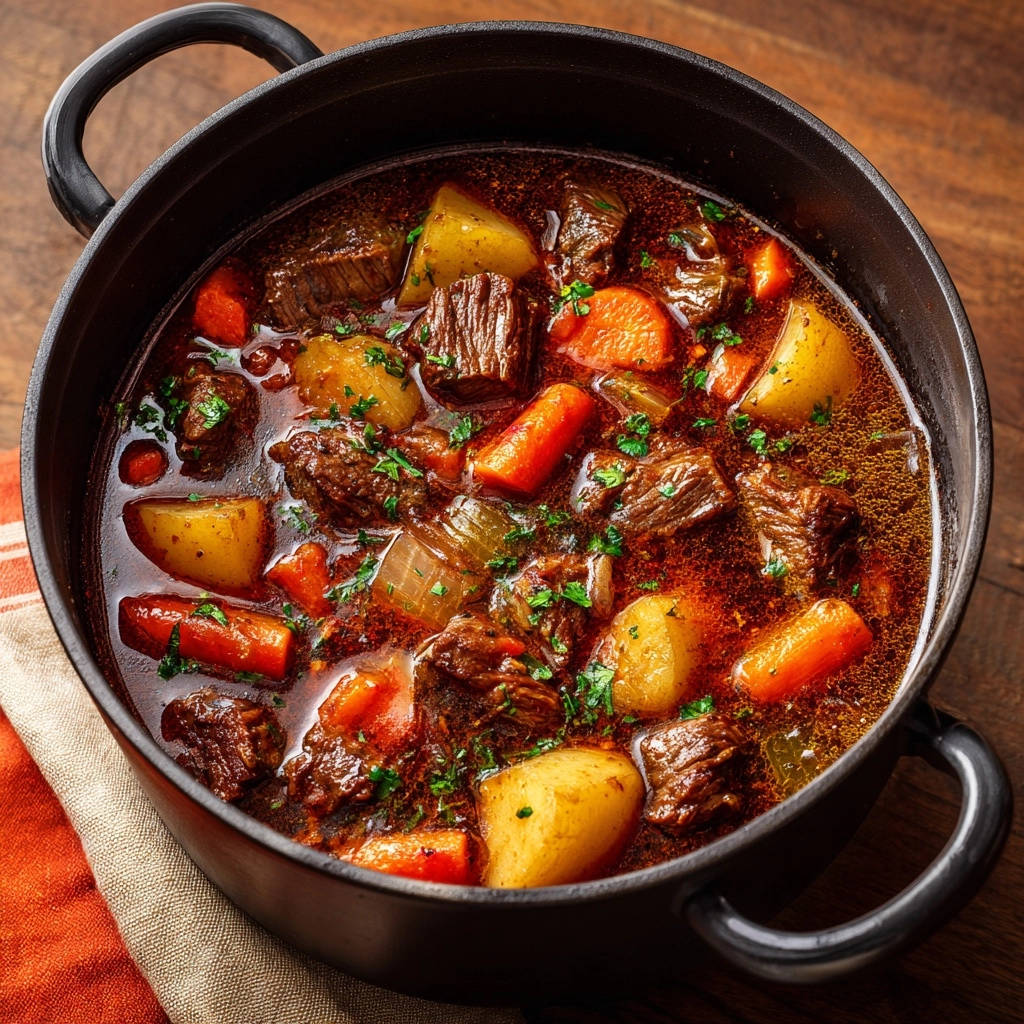 Herzhaftes Gulasch Mit Wurzelgemuese Draufsicht 1 Herzhaftes Gulasch mit Wurzelgemüse, serviert in einem Topf, zeigt eine detaillierte Draufsicht auf das deftige Gericht mit Gemüse und Fleisch.