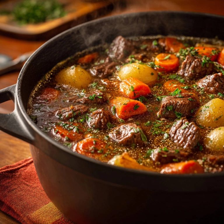 Herzhaftes Gulasch mit Wurzelgemüse in Nahaufnahme, dampfend heiß serviert. Saftige Fleischstücke und Gemüse in einer dunklen, aromatischen Soße.