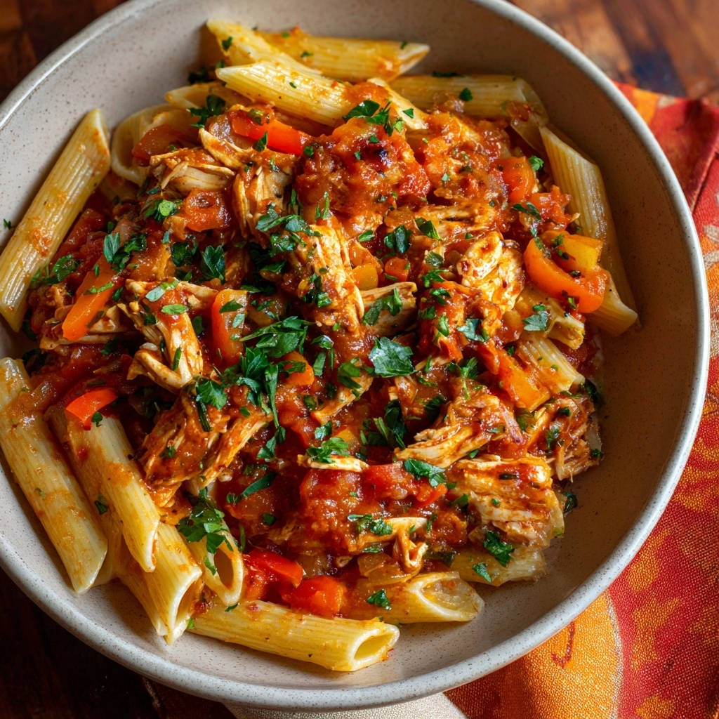 Herzhaftes Penne Mit Zartem Hahnchenragout Draufsicht 1 Herzhaftes Penne mit zartem Hähnchenragout in einer Schüssel, serviert mit frischem Petersilien-Garnitur und Tomaten-Ragout.