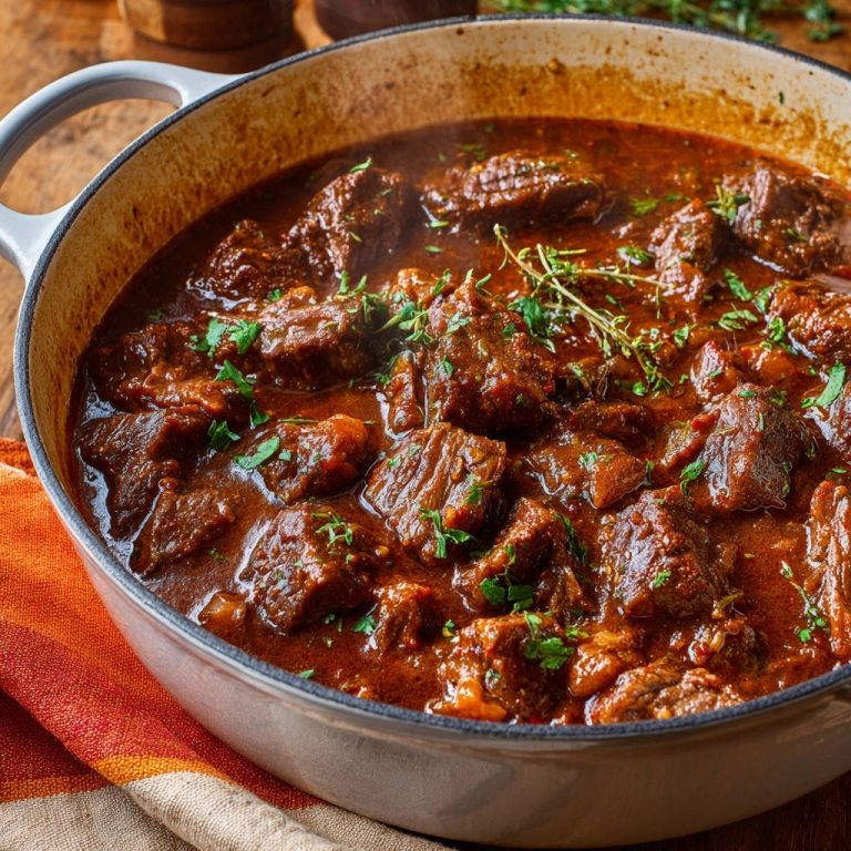 Herzhaftes Rinderschmorgericht in Nahaufnahme: Die saftigen Fleischstücke in dunkler Soße, frisch mit Kräutern garniert, dampfen einladend.
