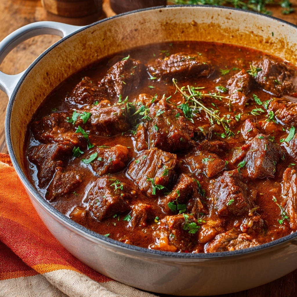 Herzhaftes Rinderschmorgericht in Nahaufnahme: Die saftigen Fleischstücke in dunkler Soße, frisch mit Kräutern garniert, dampfen einladend.