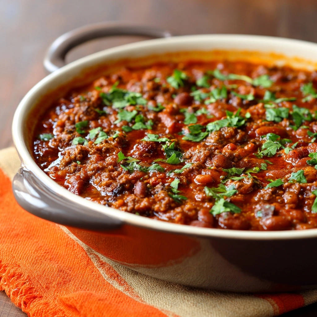 Herzhaftes Tex Mex Chili Draufsicht Serviert 1 Herzhaftes Tex-Mex Chili serviert in einer rustikalen Schüssel, garniert mit frischer Petersilie. Der Blick von oben zeigt die reichhaltige Textur.
