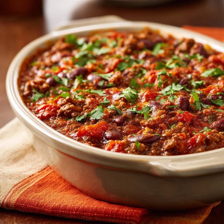 Herzhaftes Tex-Mex Chili serviert in einer Auflaufform, mit frischen Kräutern garniert und bereit zum Servieren. Das herzhafte Gericht ist ein Genuss.