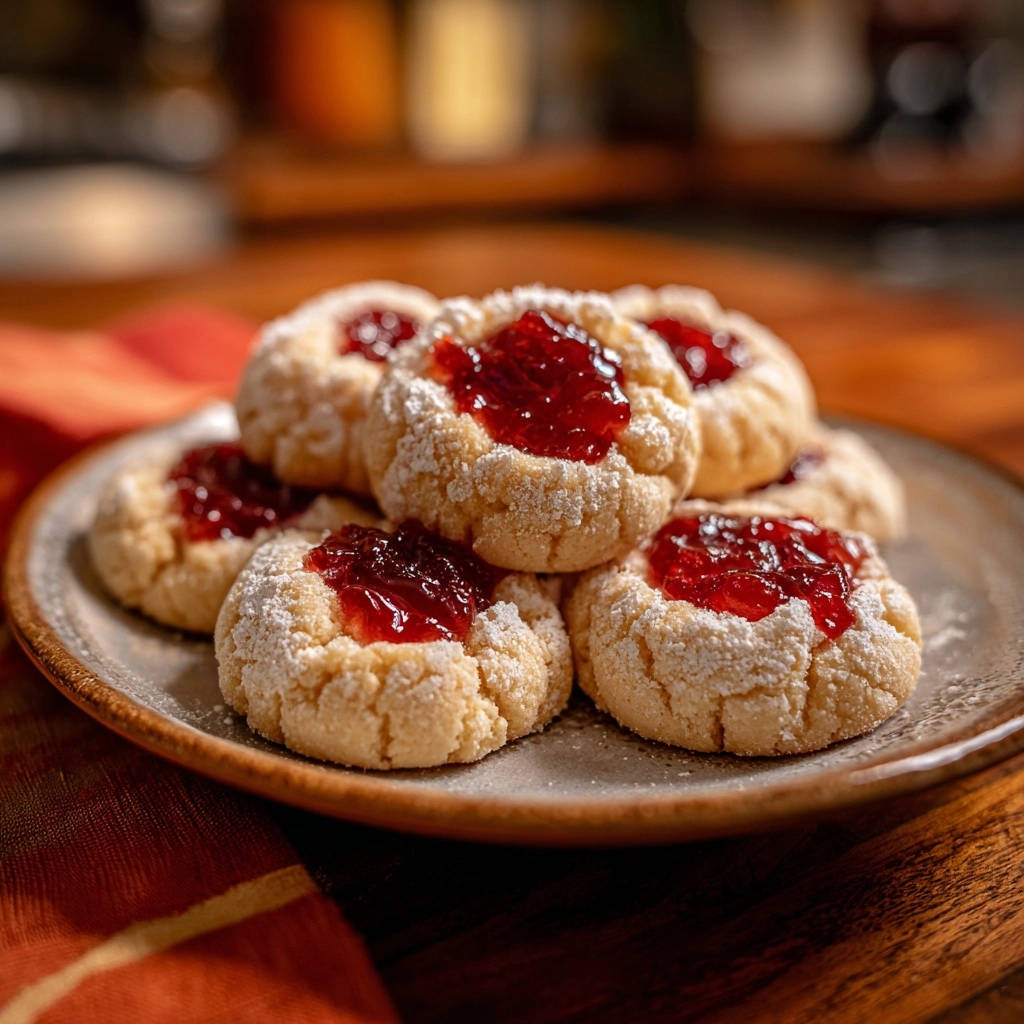 Himbeer Daumenplaetzchen Serviert 1 Himbeer-Daumenplätzchen serviert auf einem rustikalen Teller, mit einer Nahaufnahme der fruchtigen Marmeladenfüllung. Ein köstliches Gebäck für die Kaffeetafel.