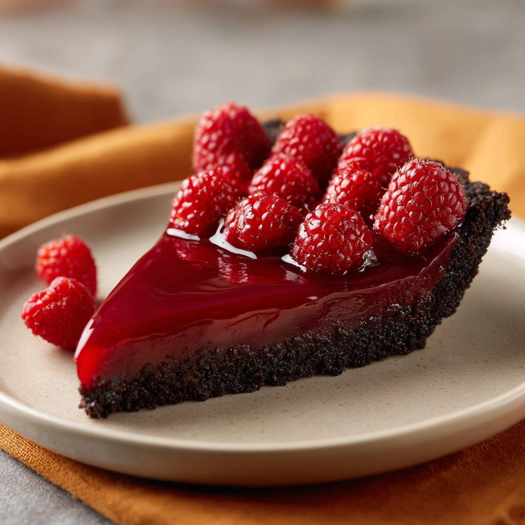 Himbeer Schoko Tarte Querschnitt Serviert 1 Himbeer-Schoko-Tarte in Nahaufnahme, serviert auf einem Teller. Die Tarte ist mit frischen Himbeeren belegt und hat einen dunklen Schokoladenboden.