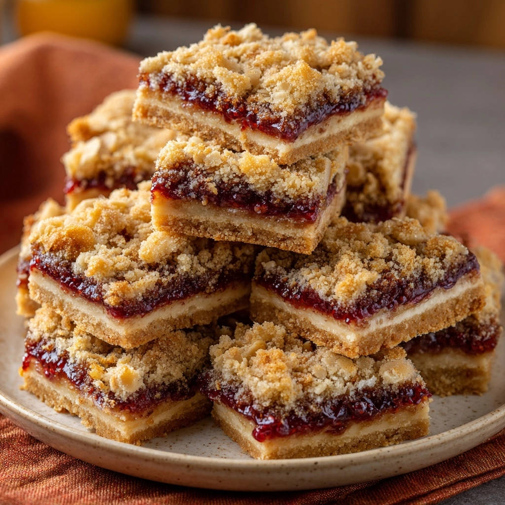 Himbeer Streusel Schnitten Stapel 1 Himbeer-Streusel-Schnitten in einem köstlichen Stapel serviert, die perfekte Kombination aus fruchtiger Füllung und knusprigen Streuseln.