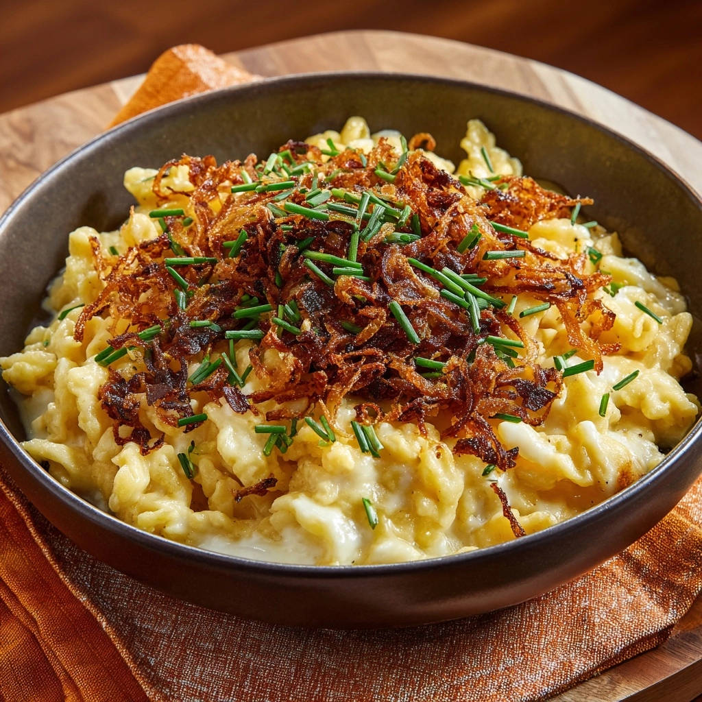 Kaesspaetzle Knusprige Roestzwiebeln Draufsicht 1 Kässpätzle wie vom Profi, serviert in einer Schüssel, mit knusprigen Röstzwiebeln und frischem Schnittlauch garniert.