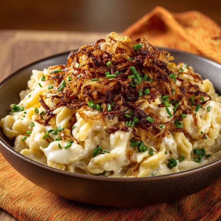 Kässpätzle wie vom Profi, serviert in einer Schüssel, mit knusprigen Röstzwiebeln als köstliche Topping, die diese herzhafte Mahlzeit perfekt ergänzen.