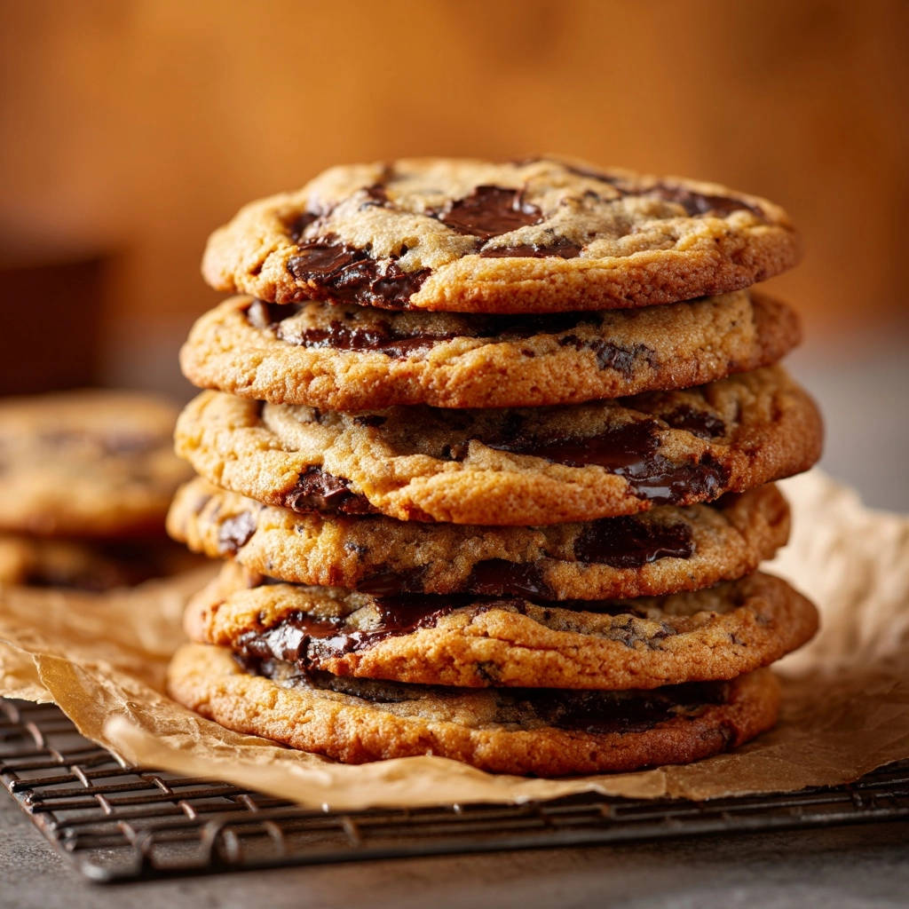 Klassische Chocolate Chip Cookies Gestapelt Auf Kuehlgitter 1 Klassische Chocolate Chip Cookies, gestapelt auf einem Kühlgitter, präsentieren sich mit geschmolzenen Schokoladenstücken und einer goldbraunen Kruste.