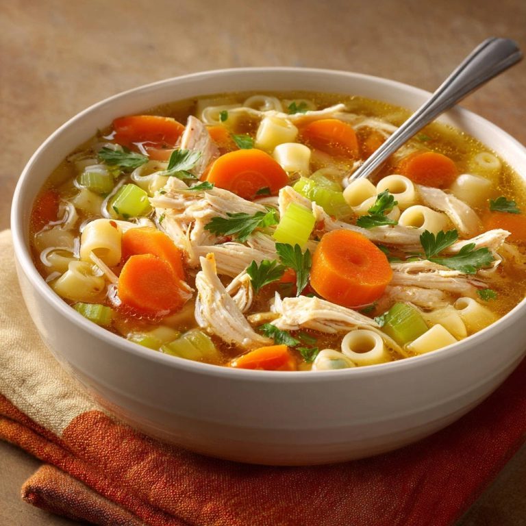 Klassische Hühnernudelsuppe, serviert in einer Schüssel. Die Nahaufnahme zeigt die perfekt gegarten Nudeln, das zarte Hühnerfleisch und das frische Gemüse.