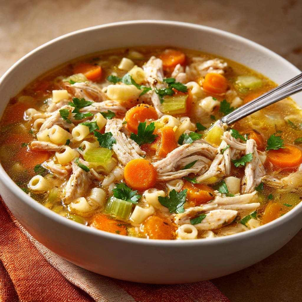 Klassische Huehnernudelsuppe Serviert 1 Klassische Hühnernudelsuppe serviert in einer weißen Schüssel, garniert mit frischer Petersilie. Der Blick zeigt die dampfende Suppe und die Zutaten im Detail.