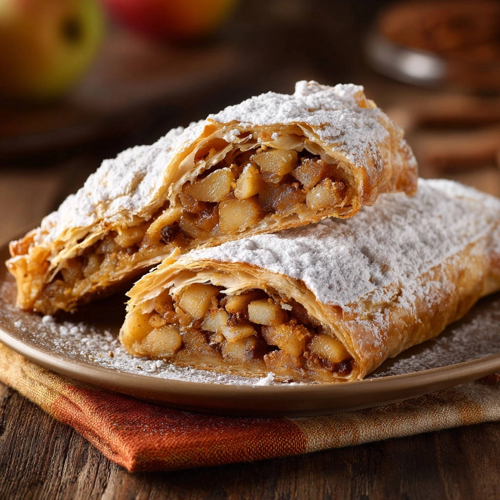 Klassischer Apfelstrudel Querschnitt Nahaufnahme 1 Klassischer Apfelstrudel zeigt einen köstlichen Querschnitt mit der Füllung aus Äpfeln, Rosinen und Gewürzen in Nahaufnahme.