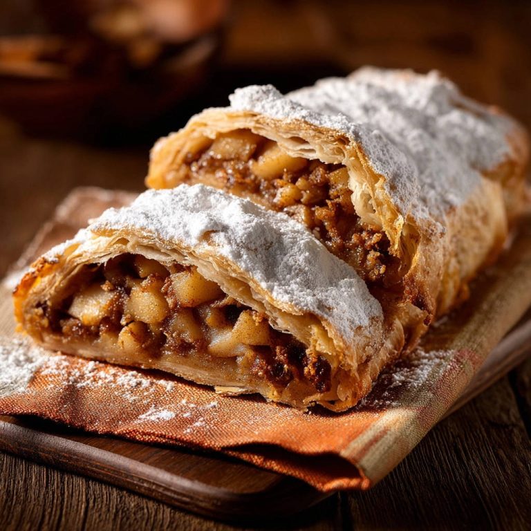 Klassischer Apfelstrudel in Nahaufnahme, mit einem Blick auf den köstlichen, gefüllten Querschnitt, reichlich mit Puderzucker bestäubt.