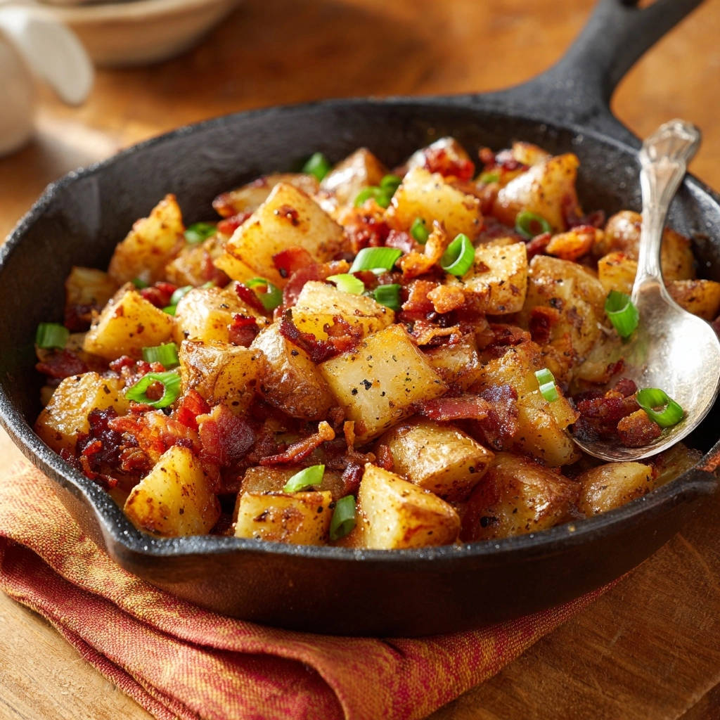 Knusprige Bratkartoffeln Mit Bacon Draufsicht 1 Knusprige Bratkartoffeln mit Bacon in einer gusseisernen Pfanne, garniert mit frischen Kräutern, von oben betrachtet. Das goldbraune Gericht lädt zum Genießen ein.