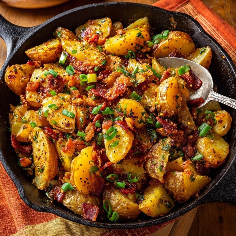 Knusprige Bratkartoffeln mit Bacon in einer gusseisernen Pfanne, garniert mit frischen Kräutern und knusprigem Speck, von oben gesehen.