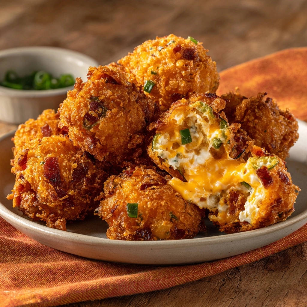Knusprige Jalapeno Poppers Querschnitt 1 Knusprige Jalapeño Poppers mit Käse-Füllung: Eine Nahaufnahme zeigt den geschmolzenen Käse im Inneren der knusprigen, frittierten Snacks.