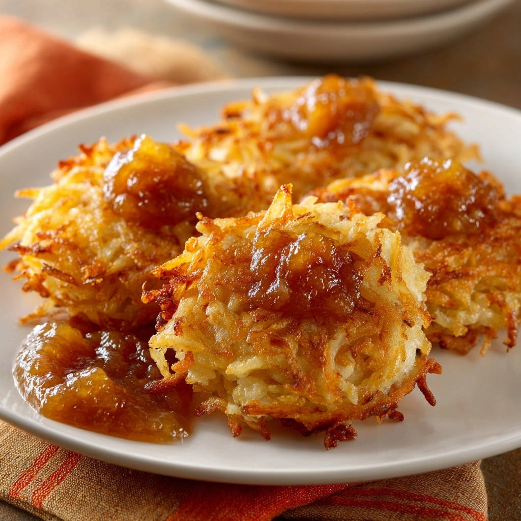 Knusprige Kartoffelpuffer Serviert Mit Topping 1 Knusprige Kartoffelpuffer, serviert auf einem weißen Teller, bedeckt mit einer köstlichen, glänzenden Sauce. Ein verführerischer Anblick für jeden Feinschmecker.