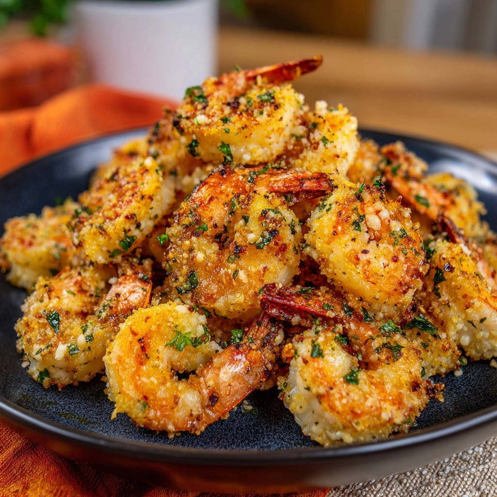 Knusprige Ofen Garnelen Mit Parmesan Draufsicht 1 Knusprige Ofen-Garnelen mit Parmesan in einer appetitlichen Draufsicht, auf einem dunklen Teller angerichtet und mit frischen Kräutern garniert.