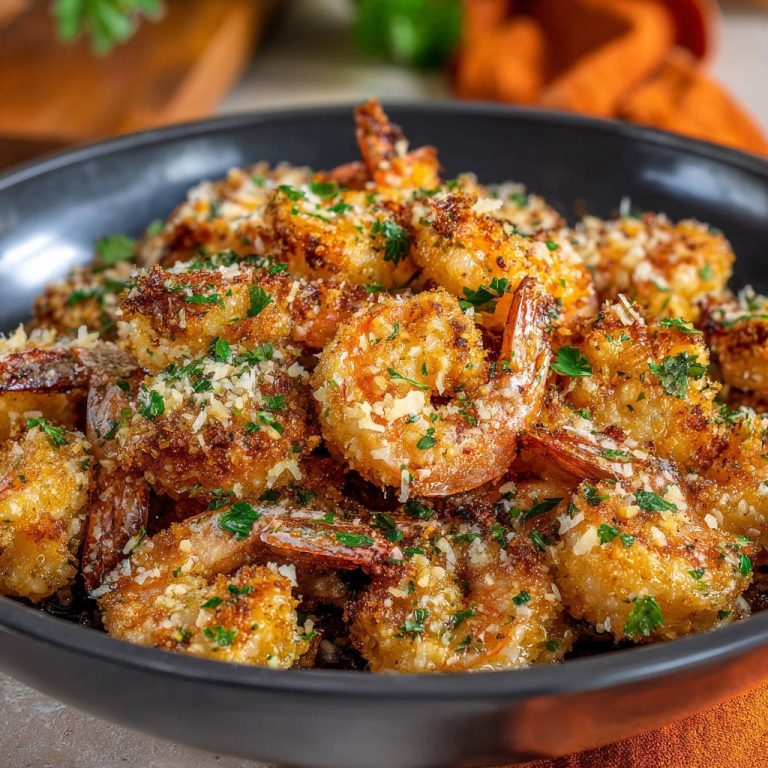 Knusprige Ofen-Garnelen mit Parmesan, serviert in einer dunklen Schüssel, garniert mit frischer Petersilie und geriebenem Käse, von oben betrachtet.