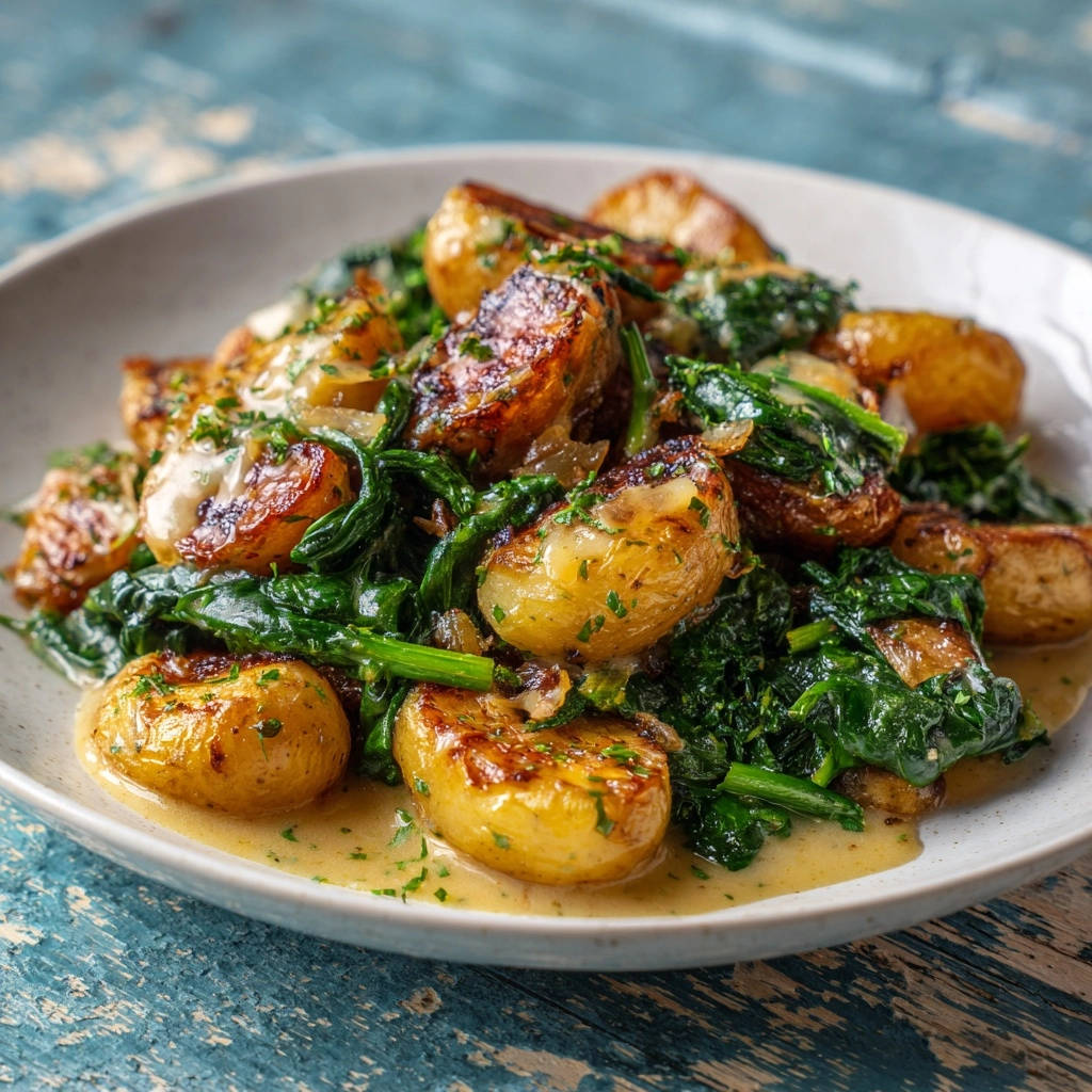 Knusprige Ofenkartoffeln Mit Cremigem Spinat Serviert 1 Knusprige Ofenkartoffeln mit cremigem Spinat & Soße, serviert in einer Schüssel, mit knusprigen Kartoffeln und frischem Spinat.