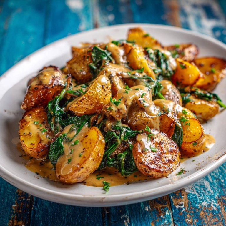Knusprige Ofenkartoffeln mit cremigem Spinat & Soße, serviert auf einem Teller, mit knusprigen Kartoffeln und cremiger Sauce.