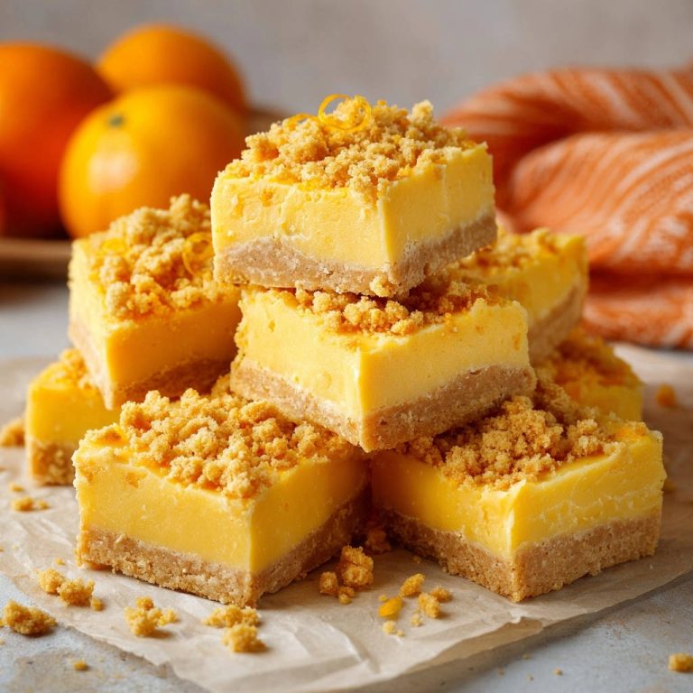 Knusprige Orangen-Crumble-Schnitten gestapelt, mit knusprigem Topping und saftigem Inneren, präsentiert auf Backpapier.