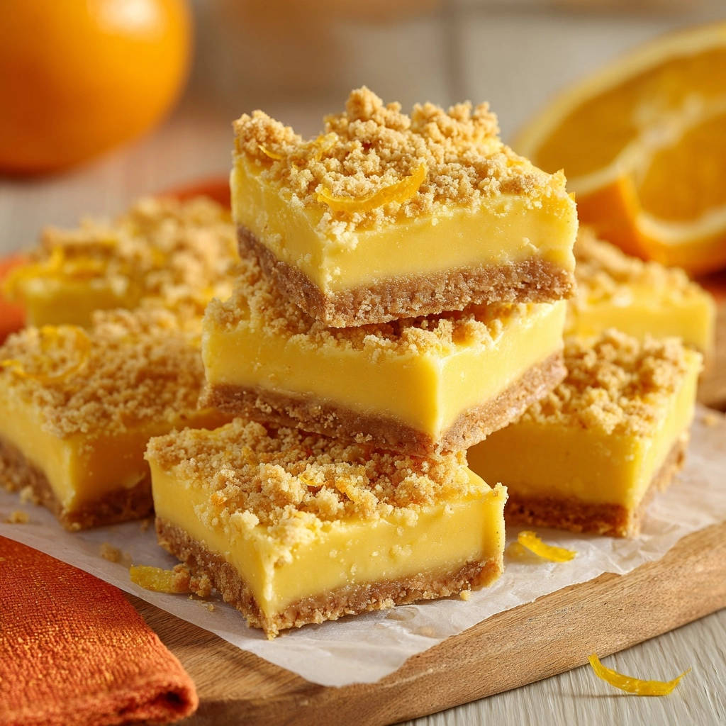 Knusprige Orangen Crumble Schnitten Querschnitt 1 Knusprige Orangen-Crumble-Schnitten zeigen hier einen saftigen Querschnitt, der die cremige Füllung und den knusprigen Boden offenbart.