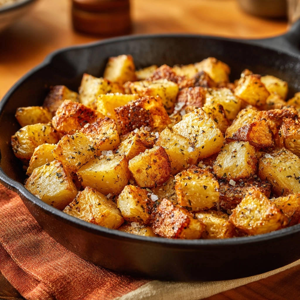 Knusprige Rosmarin Pfannenkartoffeln Nahaufnahme 1 Knusprige Rosmarin-Pfannenkartoffeln in einer gusseisernen Pfanne, aus nächster Nähe betrachtet. Die goldbraunen Kartoffelwürfel sind mit Kräutern und Salz bestreut.