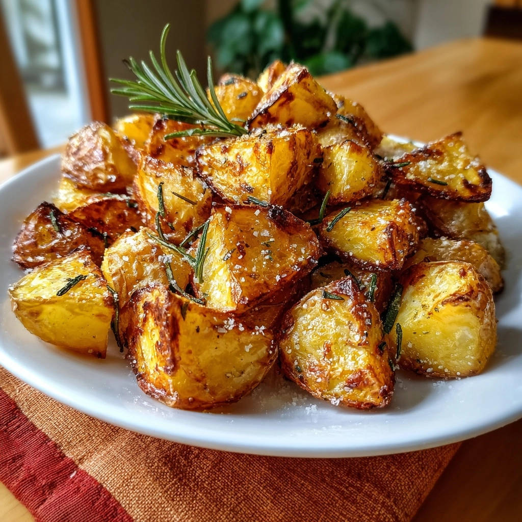 Knusprige Rosmarinkartoffeln Draufsicht Serviert 1 Knusprige Rosmarinkartoffeln in Nahaufnahme, draufsicht serviert, mit Rosmarinzweigen und grobem Meersalz garniert auf einem weißen Teller.