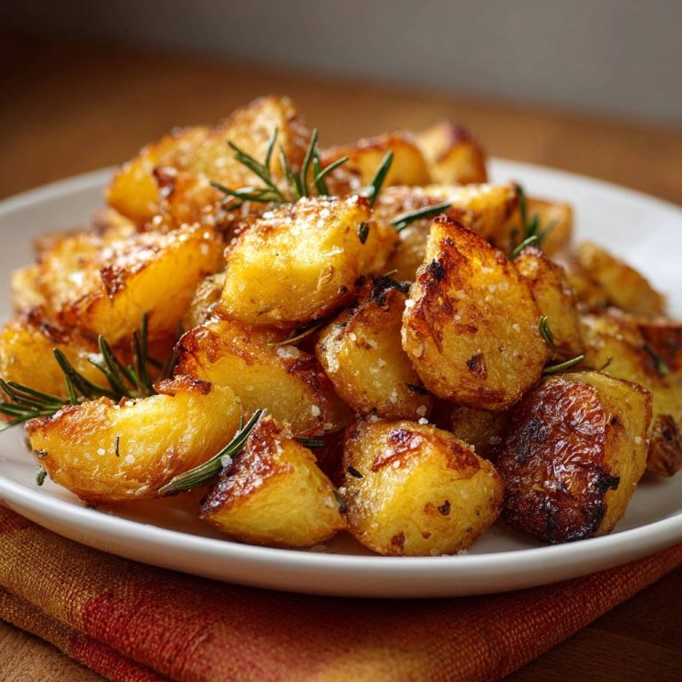 Knusprige Rosmarinkartoffeln, serviert auf einem weißen Teller, zeigen die knusprige Textur und die zarten, goldbraunen Kartoffelstücke.
