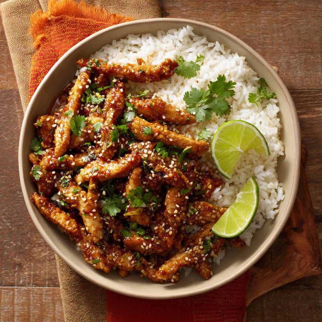 Knusprige Sesam Huhn Strips Mit Limette Draufsicht 1 Knusprige Sesam-Hähnchen-Strips mit Limette in einer Schüssel, garniert mit Koriander und Limettenspalten, serviert mit Reis.