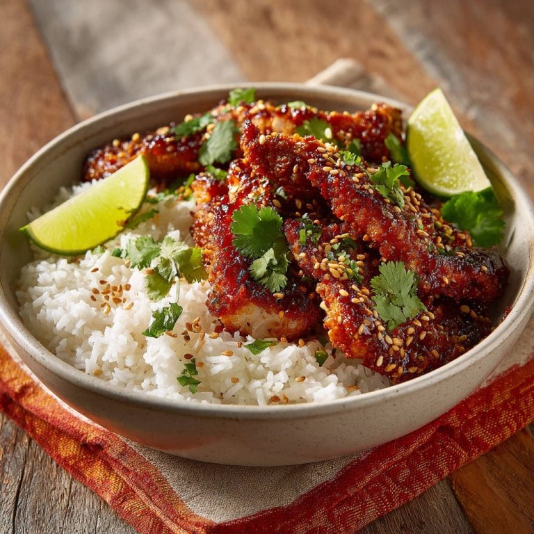 Knusprige Sesam-Hähnchen-Strips mit Limette, serviert in einer Schüssel mit Reis, garniert mit frischem Koriander und Limettenspalten.