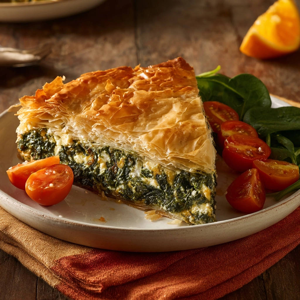 Knusprige Spinat Feta Tarte Querschnitt Serviert 1 Knusprige Spinat-Feta-Tarte: Eine einzelne Portion, serviert auf einem Teller, zeigt den köstlichen, geschichteten Querschnitt.