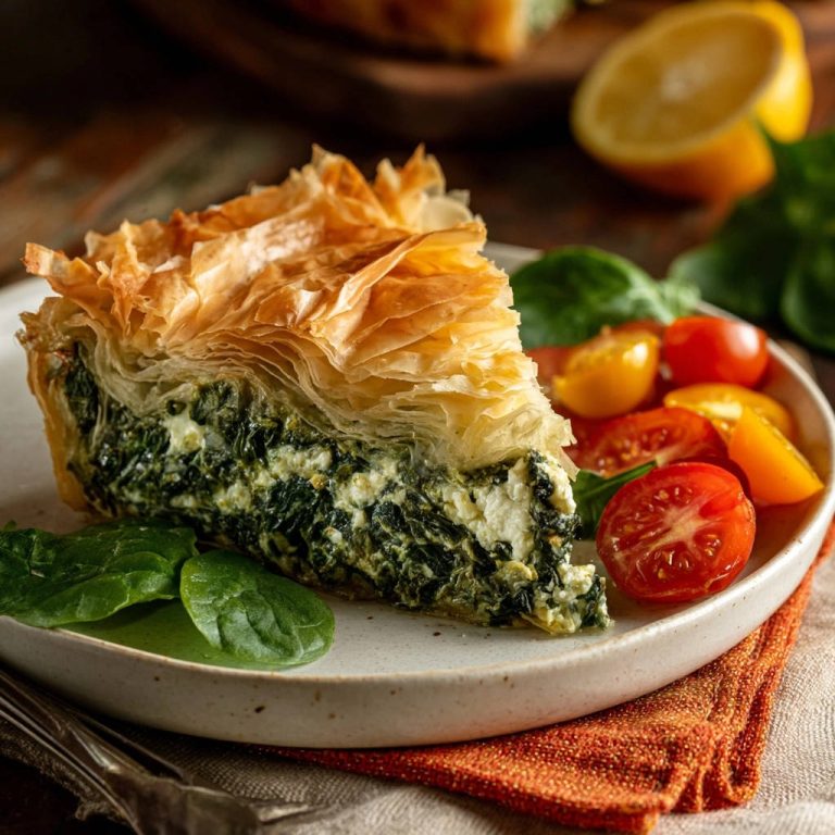 Knusprige Spinat-Feta-Tarte: Ein köstlicher Querschnitt zeigt die schmackhafte Füllung und den knusprigen Blätterteig, serviert mit frischen Tomaten.