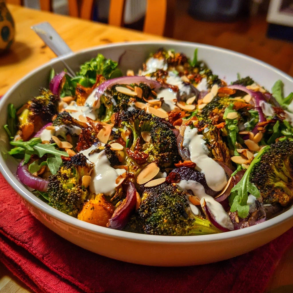 Knuspriger Brokkoli Power Salat Draufsicht Serviert 1 Knuspriger Brokkoli-Power-Salat mit cremiger Tahini-Dressing in einer Pfanne serviert, garniert mit Mandelsplittern und frischer Rucola.
