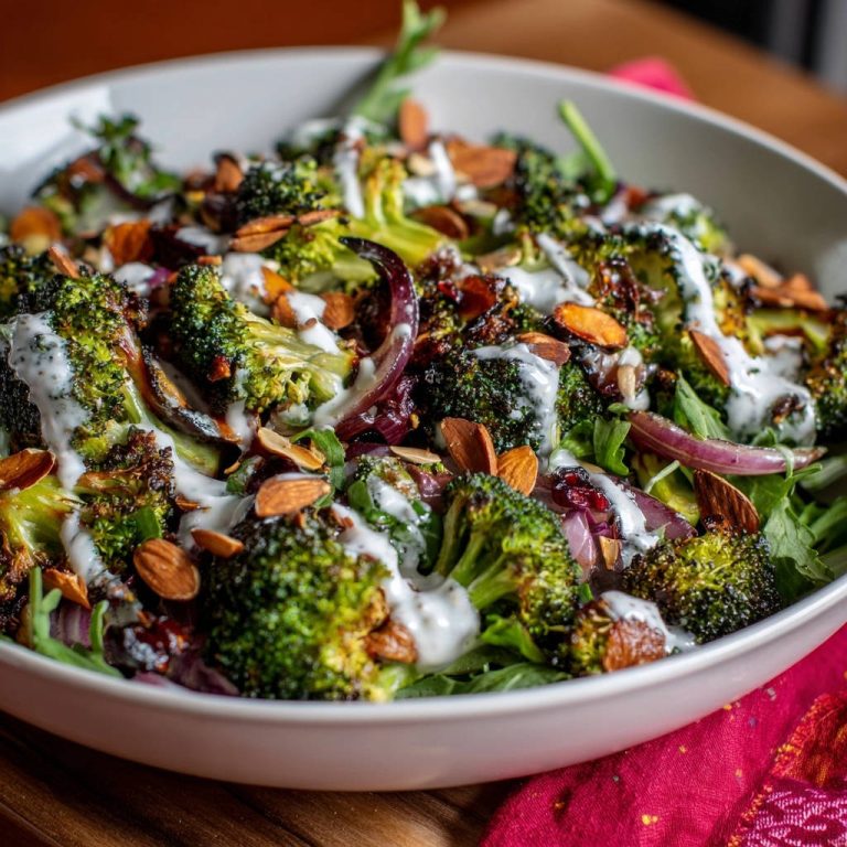 Knuspriger Brokkoli-Power-Salat mit cremiger Tahini-Dressing, von oben betrachtet. Ein köstlicher Salat mit geröstetem Brokkoli und Mandeln.