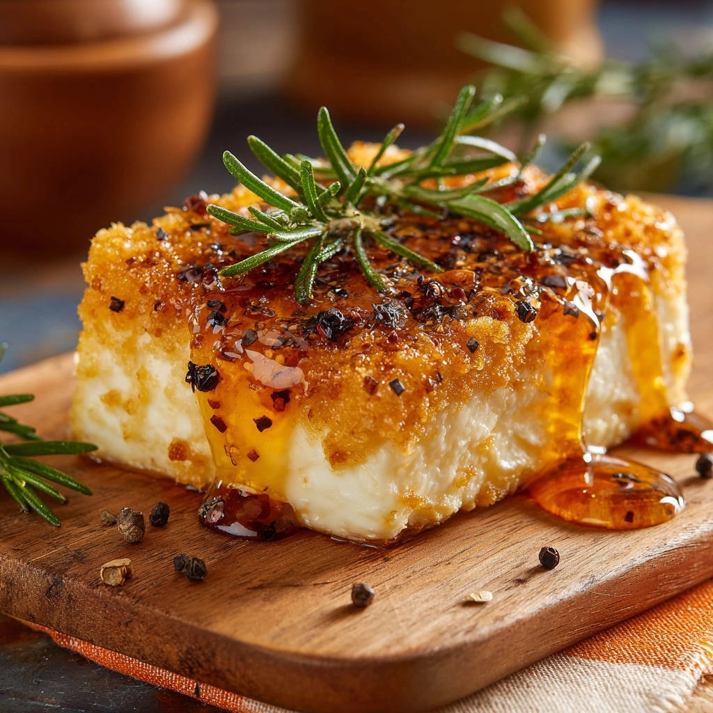 Knuspriger Gebackener Kase Mit Rosmarin Honig Nahaufnahme 1 Knuspriger gebackener Käse mit Rosmarin & Honig in Nahaufnahme: Der goldbraune Käse ist mit Honig beträufelt und mit frischem Rosmarin garniert.