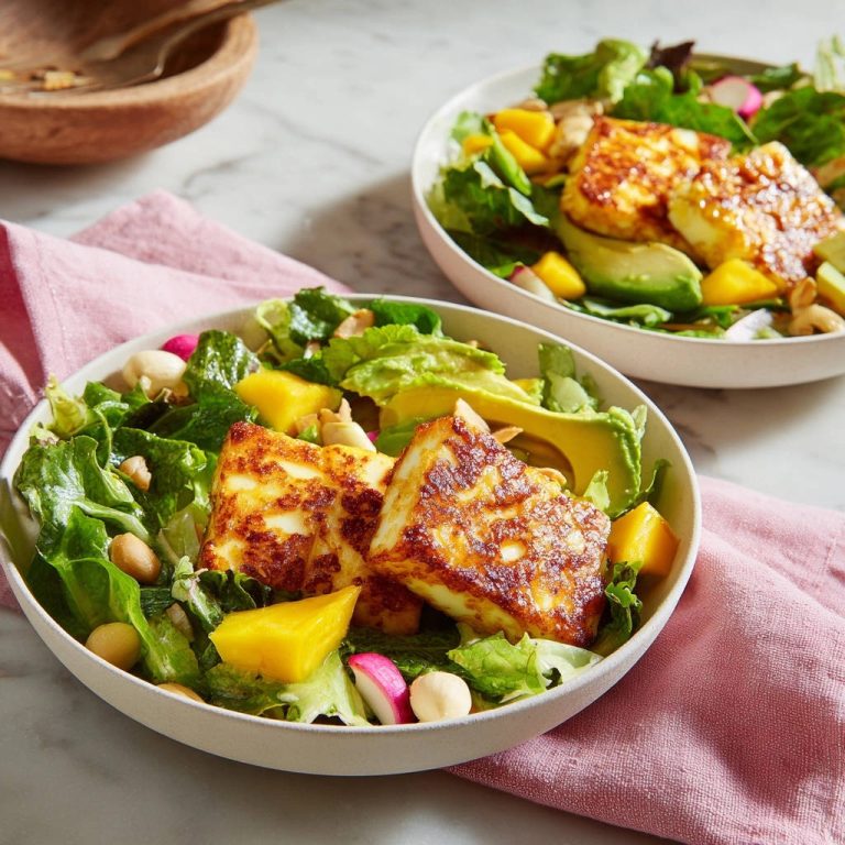 Knuspriger Halloumi-Salat mit Mango und Avocado serviert in einer Schüssel, garniert mit frischem Gemüse und Cashewnüssen.