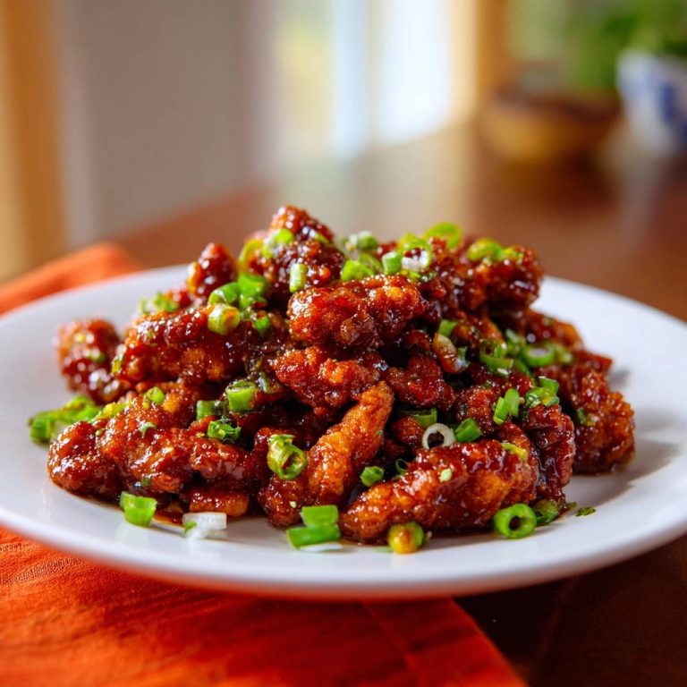Knuspriges Asia-Hähnchen mit würziger Glasur, serviert auf einem weißen Teller, garniert mit frischen, grünen Zwiebeln.
