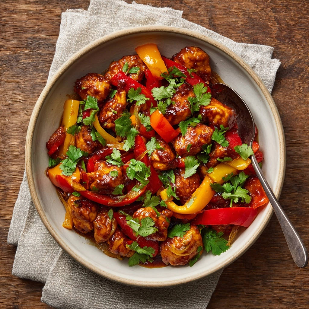Knuspriges Asia Huhnchen Mit Paprika Draufsicht 1 Knuspriges Asia-Hähnchen mit bunter Paprika in einer Schüssel, von oben fotografiert, angerichtet mit frischer Koriandergarne.