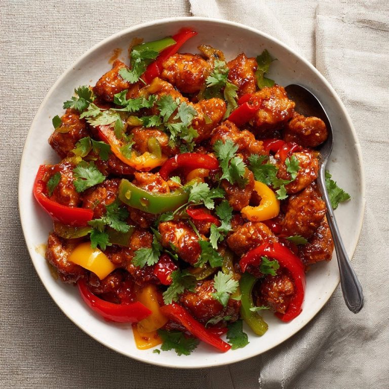 Knuspriges Asia-Hähnchen mit bunter Paprika, serviert in einer Schüssel, garniert mit frischen Kräutern und von oben fotografiert.