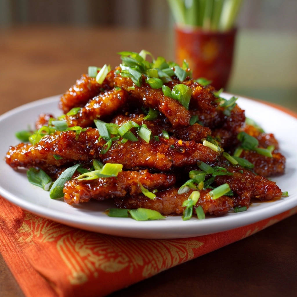 Knuspriges Asia Huhnchen Mit Wurziger Glasur Serviert 1 Knuspriges Asia-Hähnchen mit würziger Glasur, serviert auf einem weißen Teller, garniert mit frischen, gehackten Frühlingszwiebeln. Diese köstliche Mahlzeit ist ideal.