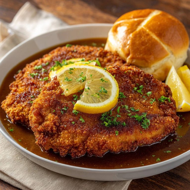 Knuspriges Bratensoßen-Schnitzel serviert mit frischen Zitronenscheiben und einem Brötchen in einer weißen Schüssel. Der perfekte Genuss!